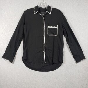 Rails Charli‎ Black Blanket Stitch Shirt XXS Linen Blend Minimalist Quiet Luxury